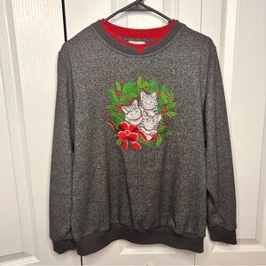 Bon Worth Christmas Applique Holly Gray Tabby Cats Knit Sweatshirt SP Petite